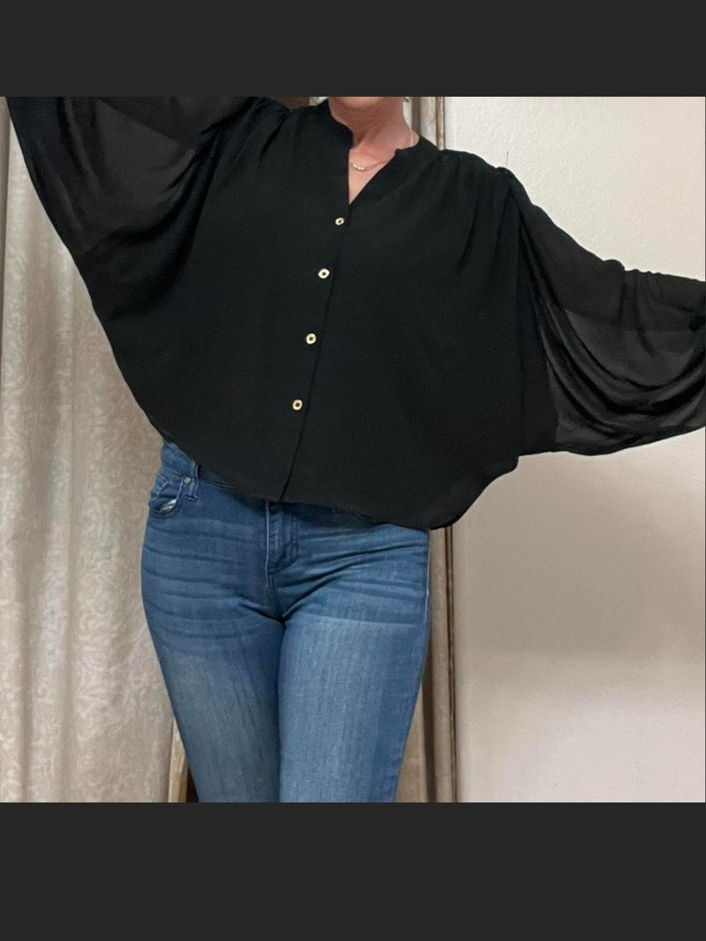 Marc New York Black Batwing Bell Sleeve  Button Blouse Size Medium